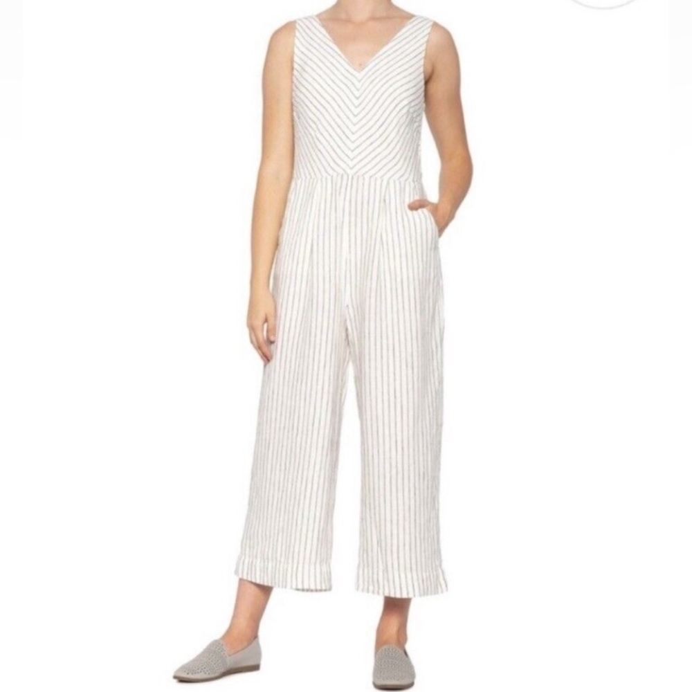 Rachel Zoe Linen Jumpsuit White Pin Striped V-Neck Romper Size 4